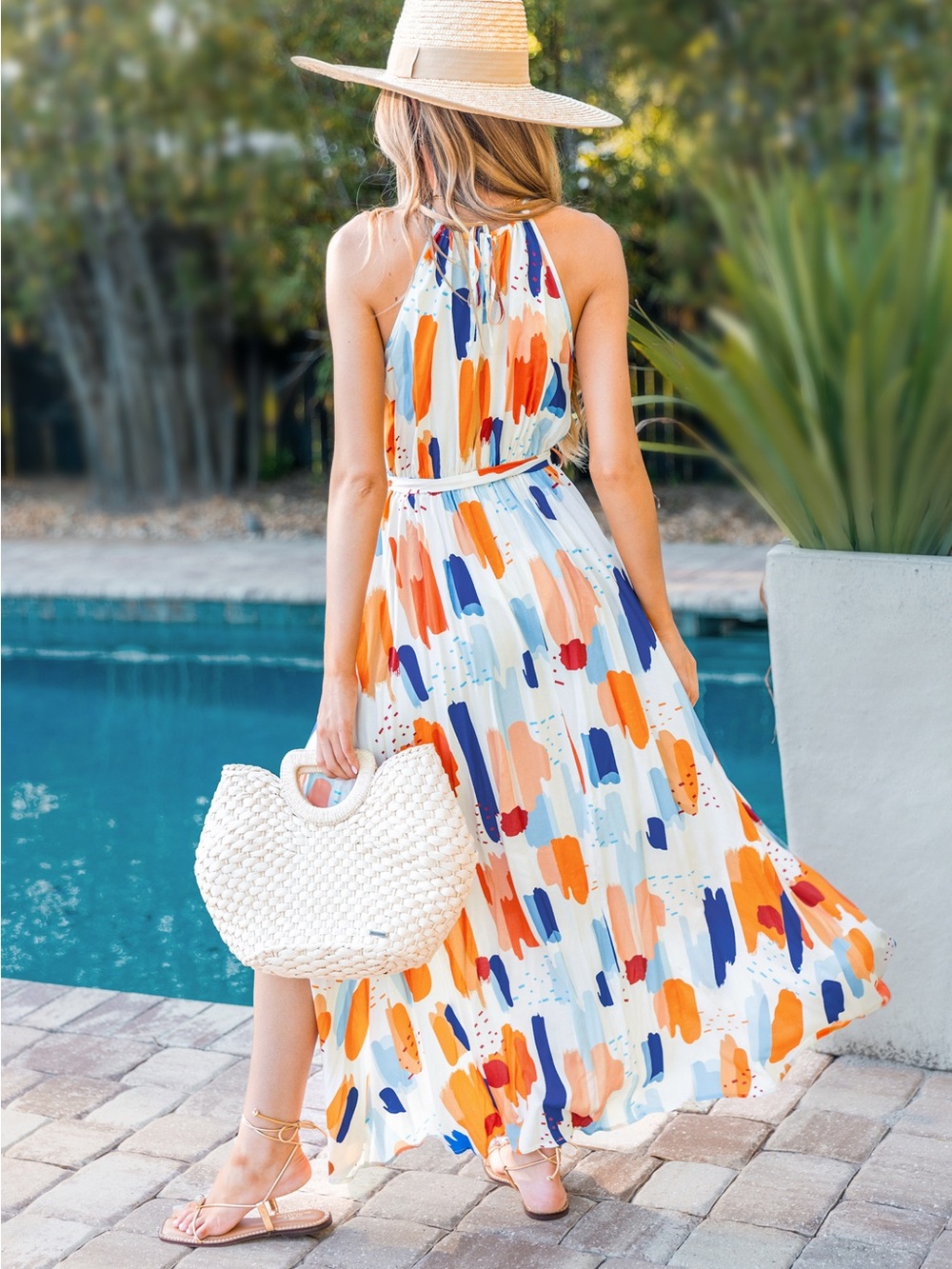 Cupshe Abstract Print Waist Tie Maxi Dress White with Orange & Blue S NWOT - Picture 6 of 8